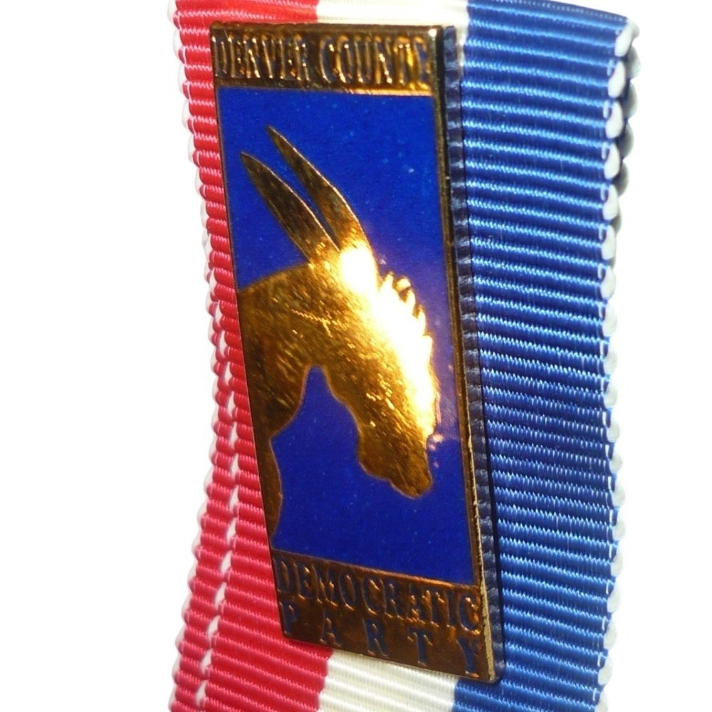 Vintage Denver County Democratic Party Donkey Pin Red White Blue Ribbon‎